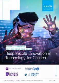 Cover of Responsible Innovation in Technology for Children report featuring young boy wearing virtual reality goggles