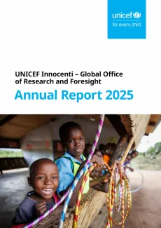 Front cover of the UNICEF Innocenti 2025 Annual Report featuring kids holding hula hoops