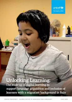 Report cover featuring a child using headphones and a computer