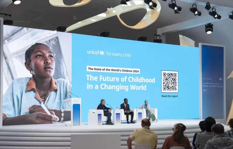 Bo Viktor Nylund on stage in Dubai at the launch of the State of the World's Children report in November of 2024