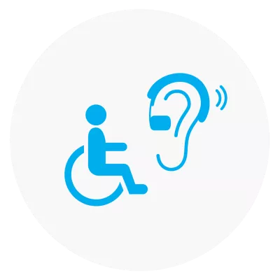 An icon of a wheelchair and a hearing aid 