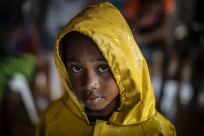 Boy wearing rain coat