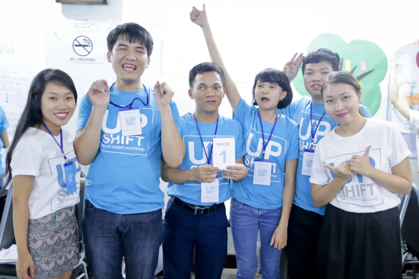 From left to right: Bui Nguyen Nhat Minh (supporter), Nguyen Minh Hai, Dao Van Thom, La Thi Mai Thu, Nguyen Minh Tuan are in blue T-shirts (participants), and Nguyen Nha Quyen (mentor) UPSHIFT Workshop