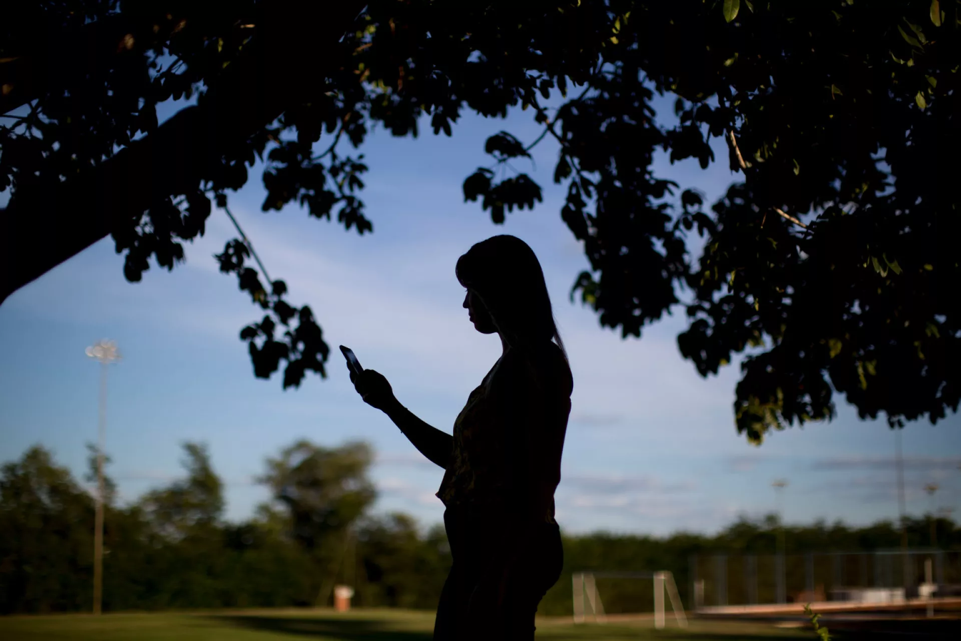 essica Marques, 20, checks her mobile phone underneath a tree in a park in Taiobeiras municipality in the Southeastern state of Minas Gerais, Brazil.