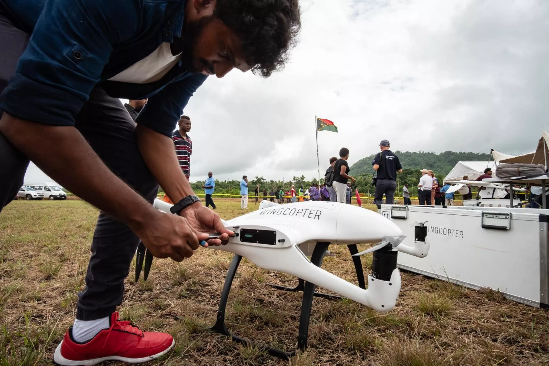 Wingcopter technician of Germany assembling drone at the launch of the Vanuatu Drone trials for vaccine delivery event on Efate island, Vanuatu.