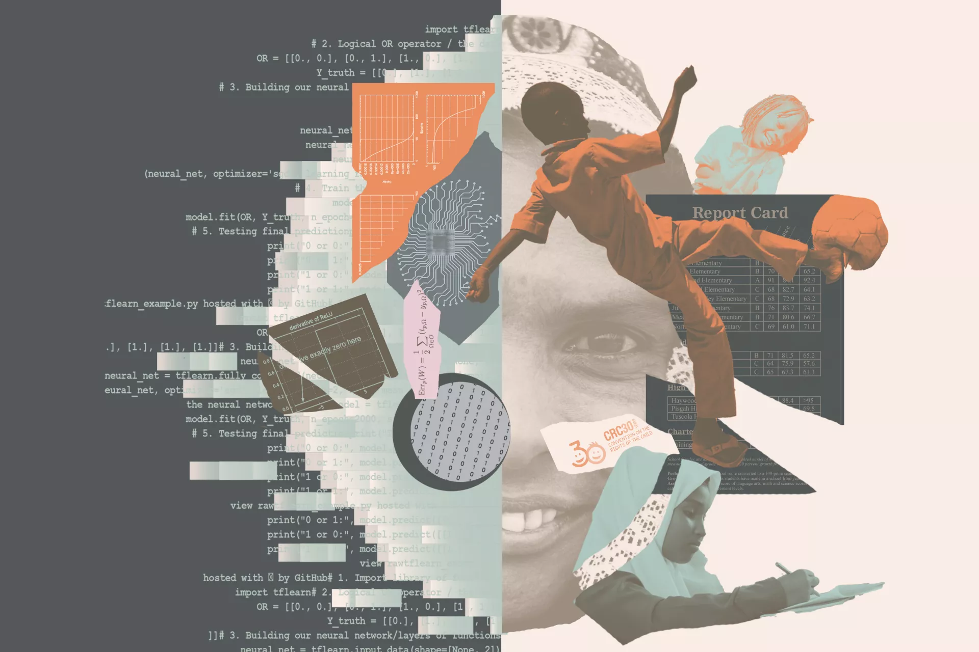 Collage showcasing children, and the AI factors that can positively or negatively impact children 