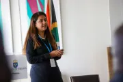 Shuchita, founder of Civic Data Lab, presents her solution during the UNICEF FemTech cohort pitch session in Pretoria, April 2026.