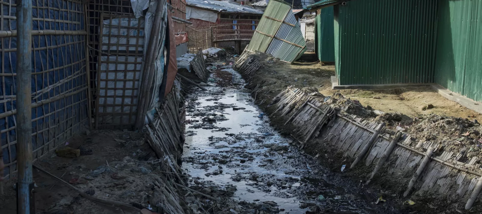 A drainage channel cuts through the Kutupalong refugee camp in Cox&rsquo;s Bazar