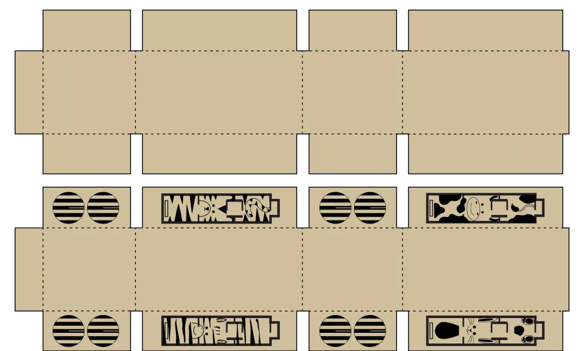 A graphic of a flat box with toy designs printed on the flaps 