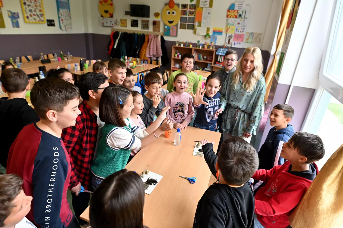 Children participating in one of the experiments on environment and climate change in &ldquo;Vera Jocic&rdquo; elementary school in Skopje, North Macedonia.