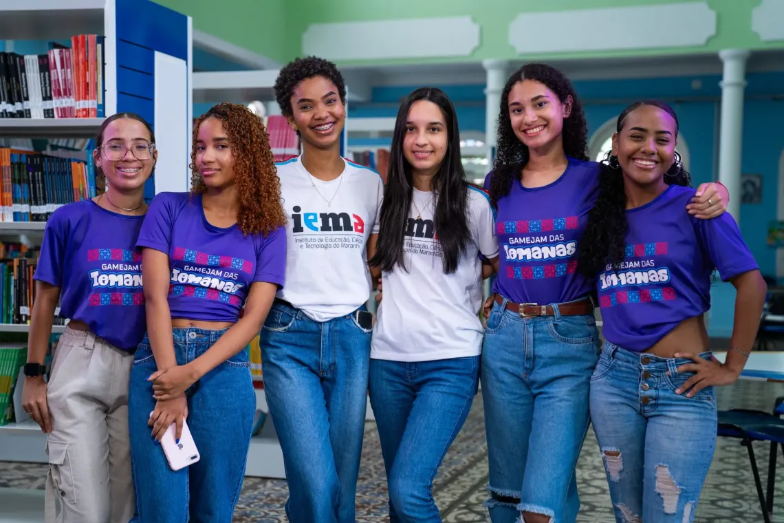 Hevelyn, second from the left, and Florimar, second from the right, along with peers at the Game Changers Coalition game jam in S&atilde;o Lu&iacute;s, Brazil, in 2023.