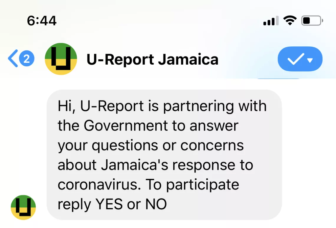 Screenshot of U-Report message a poll that asked Jamaica&rsquo;s 10,000 U-Reporters for their ideas and questions around the coronavirus response, young poll respondents had their queries answered live by the country&rsquo;s leaders on Facebook.