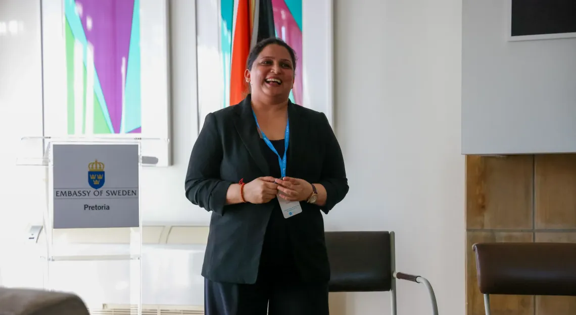 Dr Harsha Tomar, founder of Wellness Emporio, presents her solution during the UNICEF FemTech cohort pitch session in Pretoria, April 2026