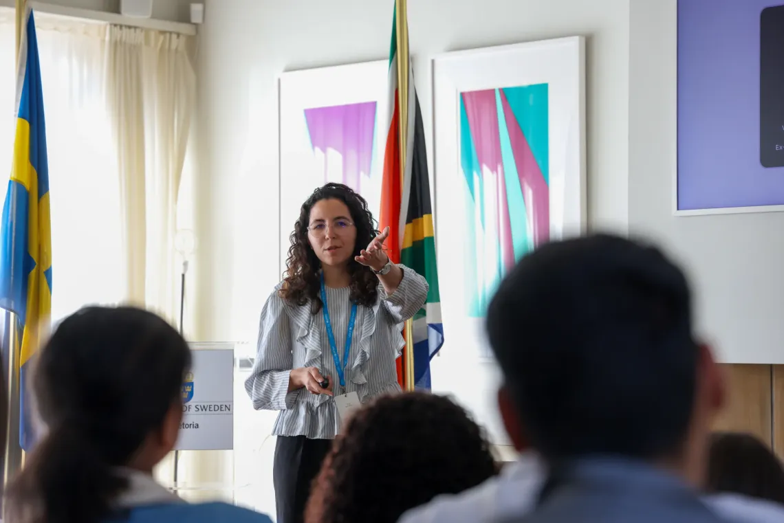 Ines Ben Amor, founder of Luna for Health, presents her solution during the UNICEF FemTech cohort pitch session in Pretoria, April 2026.