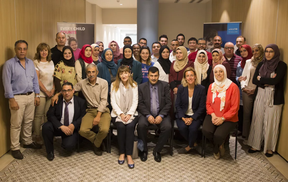 Over 30 government and United Nations Relief and Works Agency (UNWRA) staff convened for a workshop to kickstart RapidPro implementation. &copy;UNICEFSoP_Ahed_Izhiman