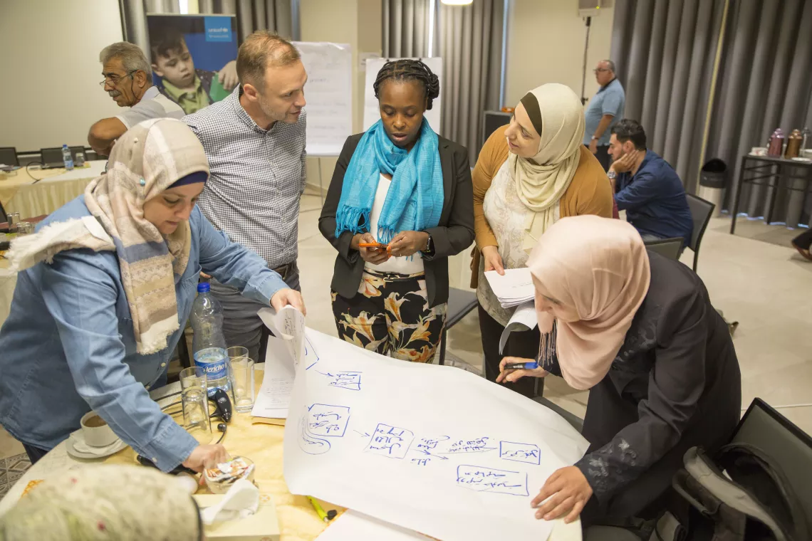 Team huddle &mdash; discussing set up of RapidPro Platform &ldquo;Qudurati&rdquo;. &copy;UNICEFSoP_Ahed_Izhiman