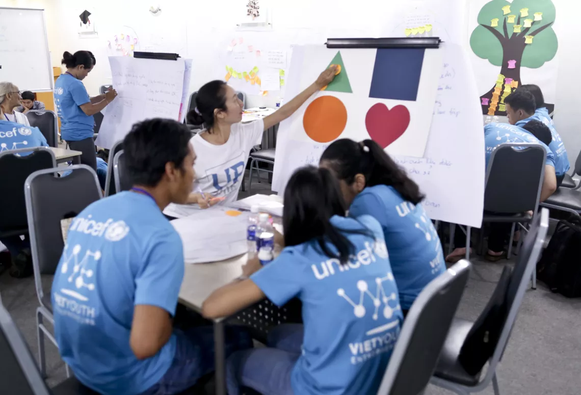 From left to right: Nguyen Ngoc Hiep, Le Thi Duyen and Le Hoang Mai Hoa (in blue T-shirt, participants), Do Huong Ly (in white T-shirt, mentor) UPSHIFT Workshop.