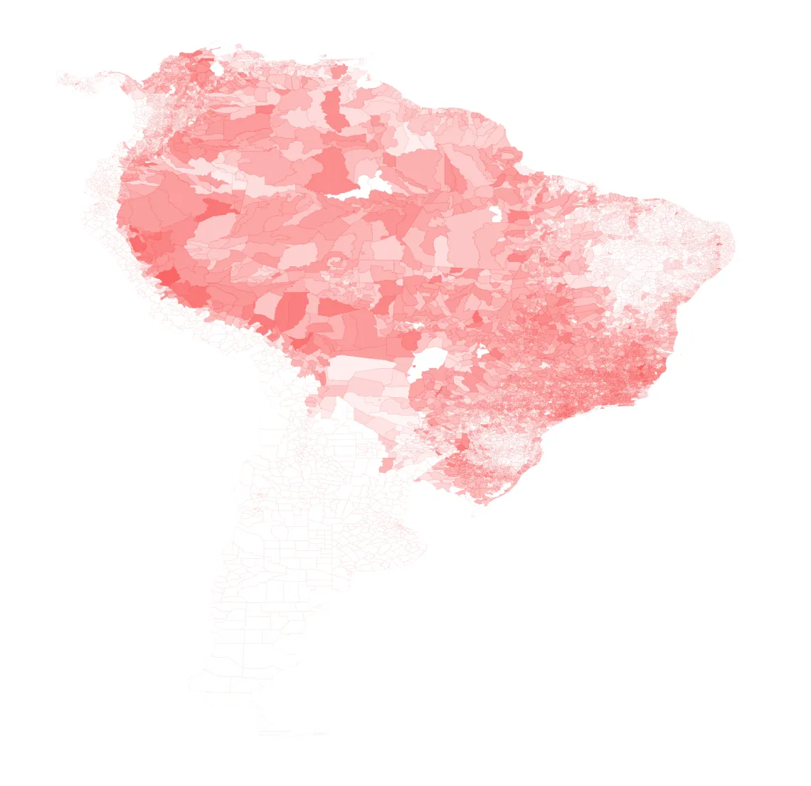 Probability of yellow fever cases as predicted by the algorithm. The more intense the red, the higher the probability.