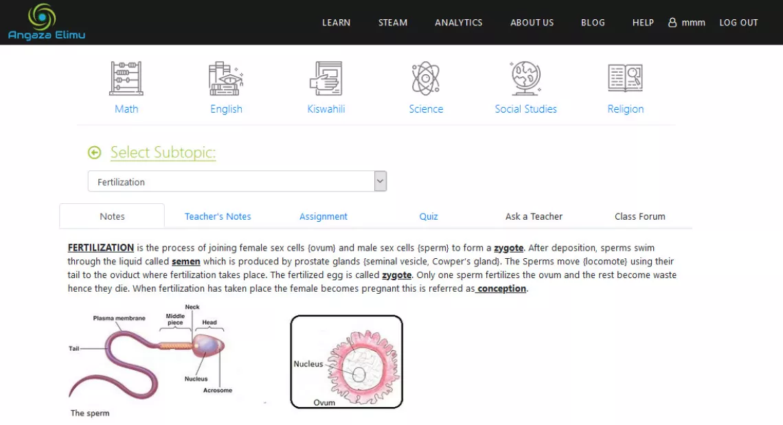 Snapshot of Science lesson notes from the eLearning platform