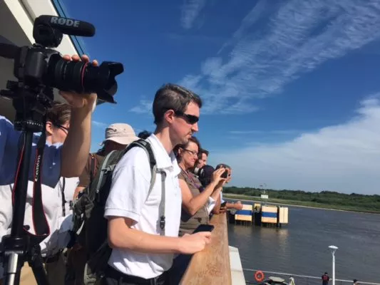 Viewers getting ready to view the drone test