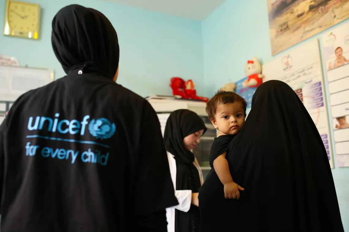 Abbas Sarmad Kati, a 5-month-old child is looking at the camera at Al Shuaibi Primary Health Care Center. 