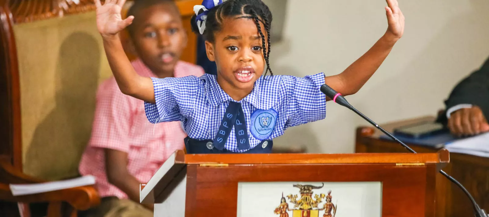 Photograph of Ngozi Wright, aged 7, addressing the Jamaican Parliament in a Special Session on Violence against Children on November 19, the eve of World Children&rsquo;s Day.
