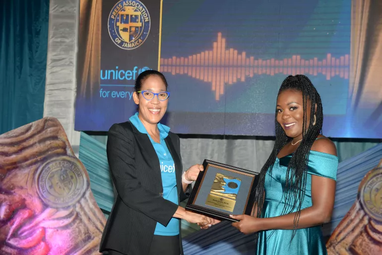 Irie FM reporter Myesha Broadie, winner of the 2022 UNICEF Award for Excellence in Reporting on Children&rsquo;s Rights