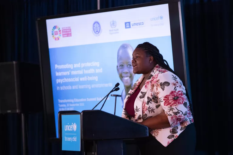 Ree-Anna Robinson, UNICEF Youth Advocate and member of UNICEF Jamaica&rsquo;s U-Report Youth Council, speaks on the theme of mental health and schools, under the title &lsquo;Promoting and protecting learners&rsquo; mental health and psychosocial well-being in schools and learning environments: an urgent call to action for world leaders and donors&rsquo; at UNICEF Headquarters in New York on September 20, 2022.