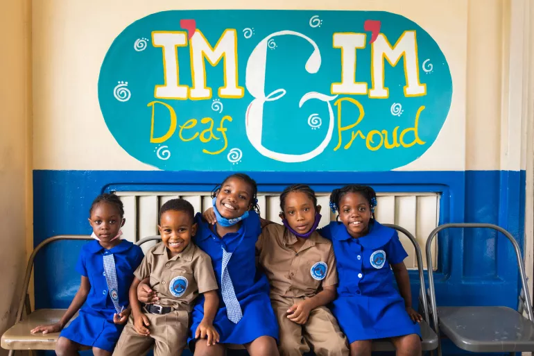 Ari and his classmates at the Danny Williams School for the Deaf in Kingston