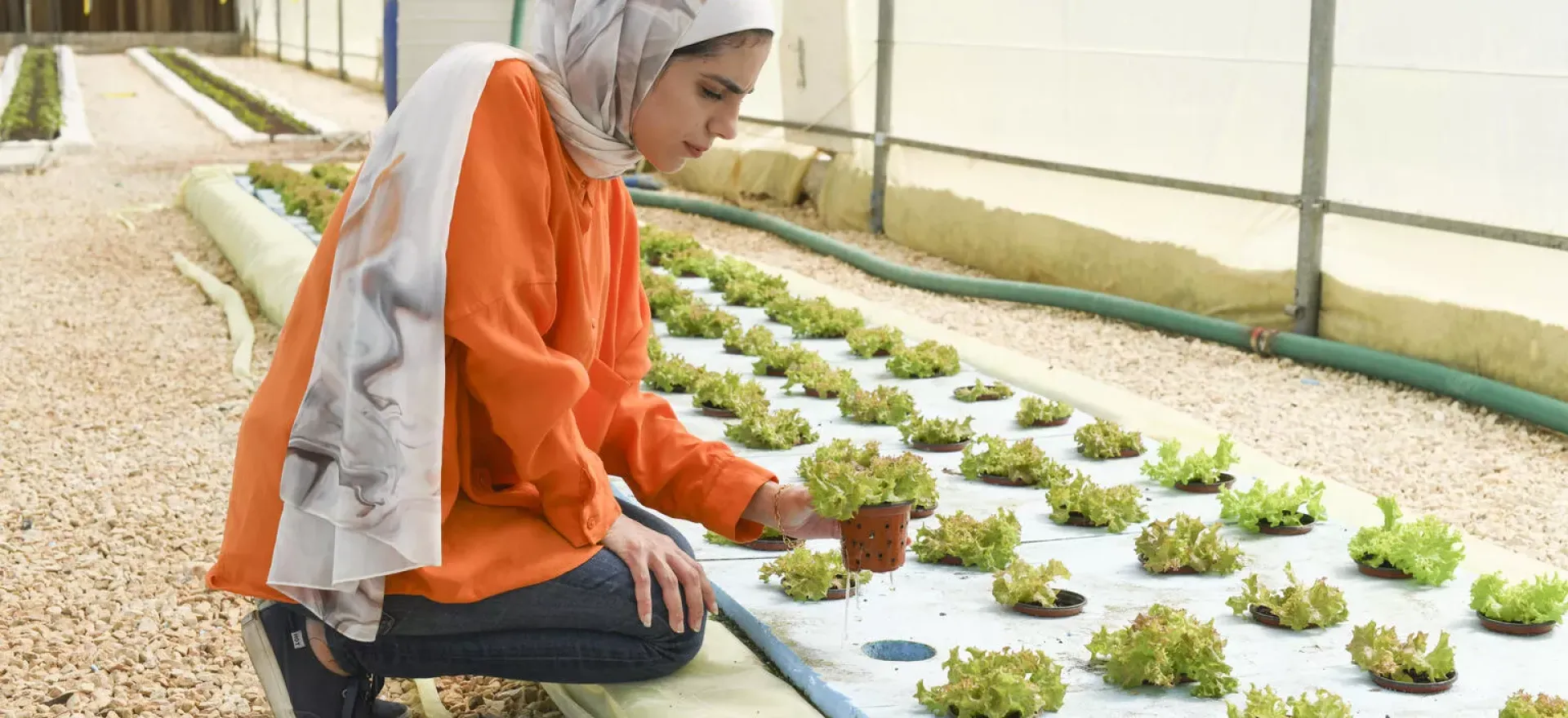 A young woman holding a plant. 
