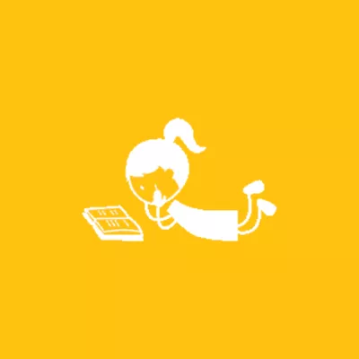 A drawing of a young girl lying down and reading a book