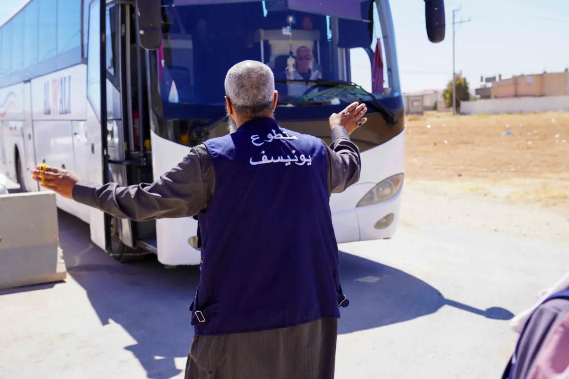 Every school day, Abu Sham organizes the UNICEF-supported transportation to the nearby UNRWA school
