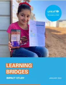 A report cover with the words Learning Bridges Impact Study and a photo of a girl sitting outside in a refugee camp setting holds a mobile phone and sheet of paper up 