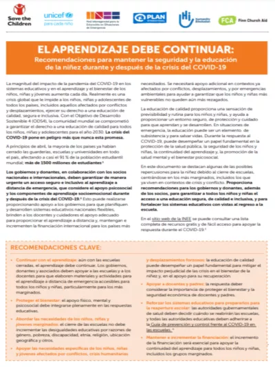 EL APRENDIZAJE DEBE CONTINUAR: Recomendaciones para mantener la seguridad y la educaci&oacute;n de la ni&ntilde;ez durante y despu&eacute;s de la crisis del COVID-19
