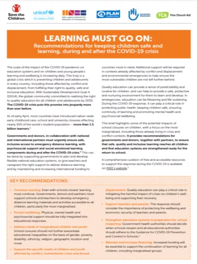 LEARNING MUST GO ON: Recommendations for keeping children safe and learning, during and after the COVID-19 crisis