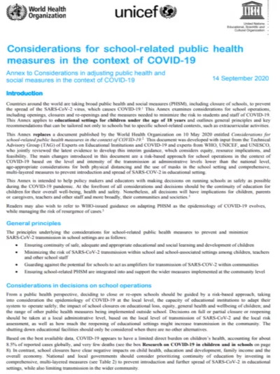 Considerations for school-related public health measures in the context of COVID-19 