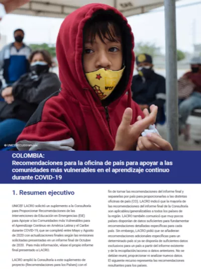 COLOMBIA: Recomendaciones para la oficina de pa&iacute;s para apoyar a las comunidades m&aacute;s vulnerables en el aprendizaje continuo durante COVID-19 