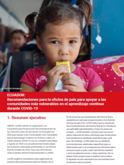 Recomendaciones para las oficinas de pa&iacute;s de UNICEF para apoyar a las comunidades m&aacute;s vulnerables en el aprendizaje continuo en Am&eacute;rica Latina y el Caribe durante COVID-19