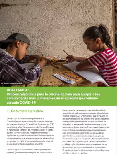 GUATEMALA: Recomendaciones para la oficina de pa&iacute;s para apoyar a las comunidades m&aacute;s vulnerables en el aprendizaje continuo durante COVID-19 