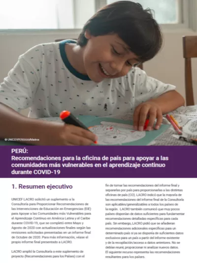 PERU: Recomendaciones para la oficina de pa&iacute;s para apoyar a las comunidades m&aacute;s vulnerables en el aprendizaje continuo durante COVID-19 