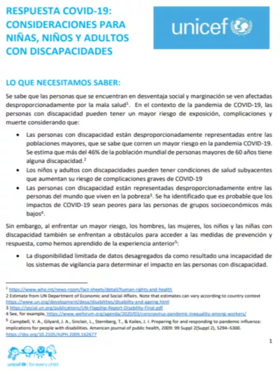 RESPUESTA COVID-19: CONSIDERACIONES PARA NI&Ntilde;AS, NI&Ntilde;OS Y ADULTOS CON DISCAPACIDADES