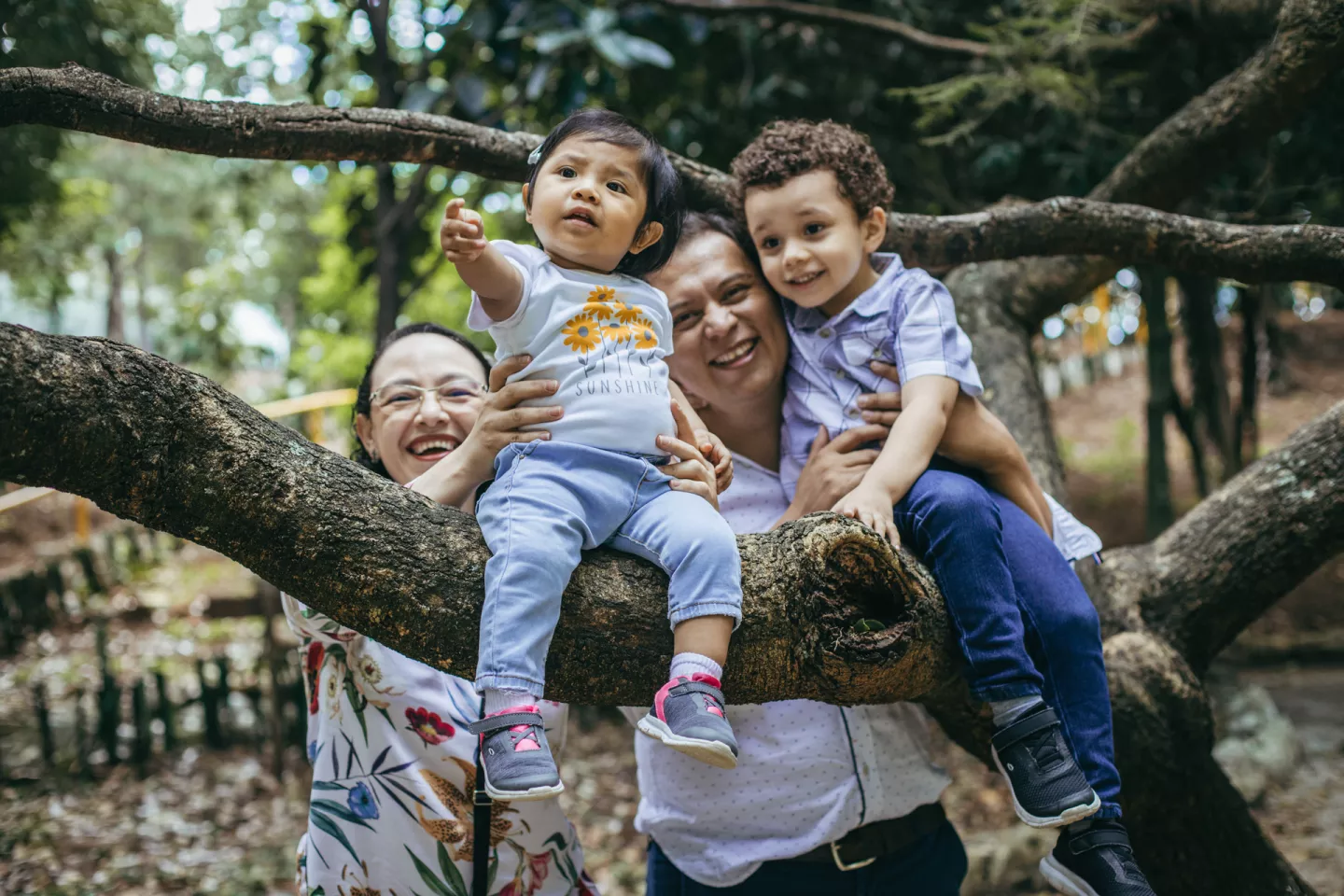 Mam&aacute;, pap&aacute; y sus dos hijos peque&ntilde;os, sentados en el tronco de un &aacute;rbol, sonr&iacute;en frente a la c&aacute;mara.