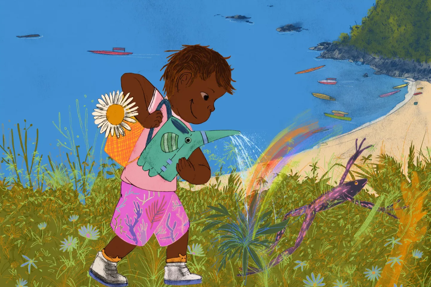 Ilustraci&oacute;n muestra a un ni&ntilde;o cuidando las plantas