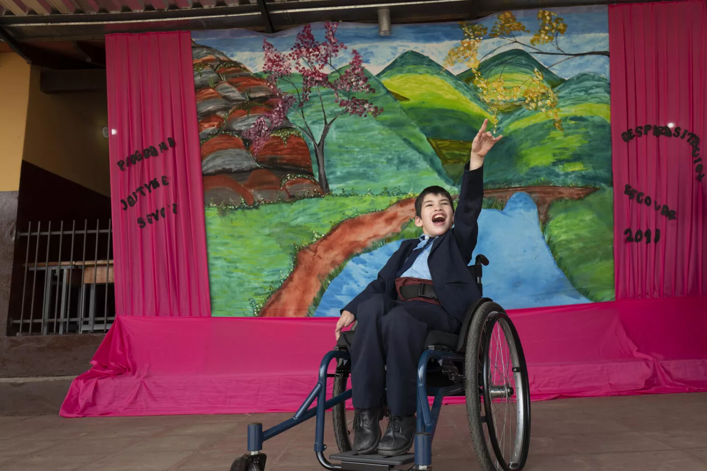 Arturo Javier Rivarola Gimenez, 11, lives with cerebral palsy, a condition that prevents him from being able to walk or speak. Despite his disability, Arturo is able to study at a nearby school due to inclusive legislation enacted approximately eight years ago. 