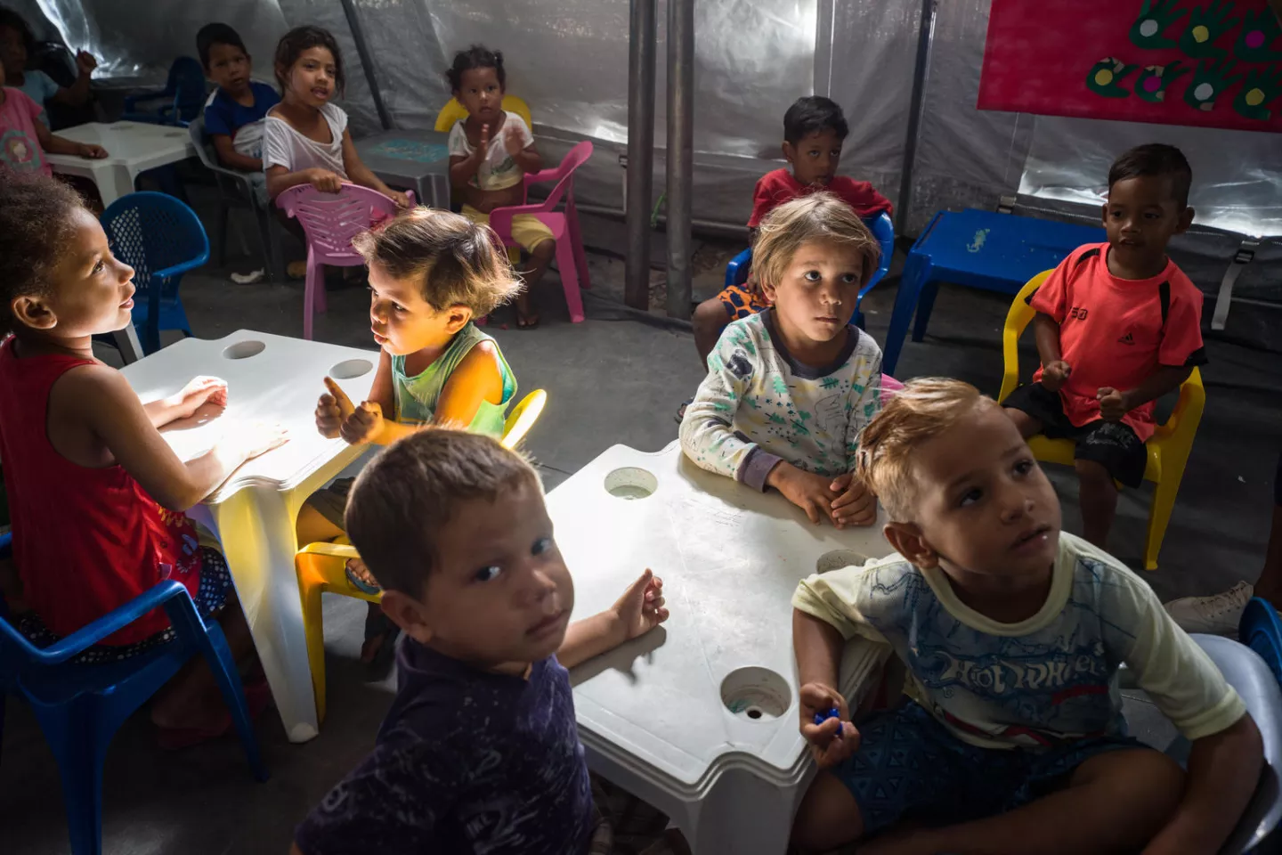 On 8 January 2020, Venezuelan migrant children at the UNICEF child friendly space at the Rondon 3 shelter in Boa Vista, Brazil.