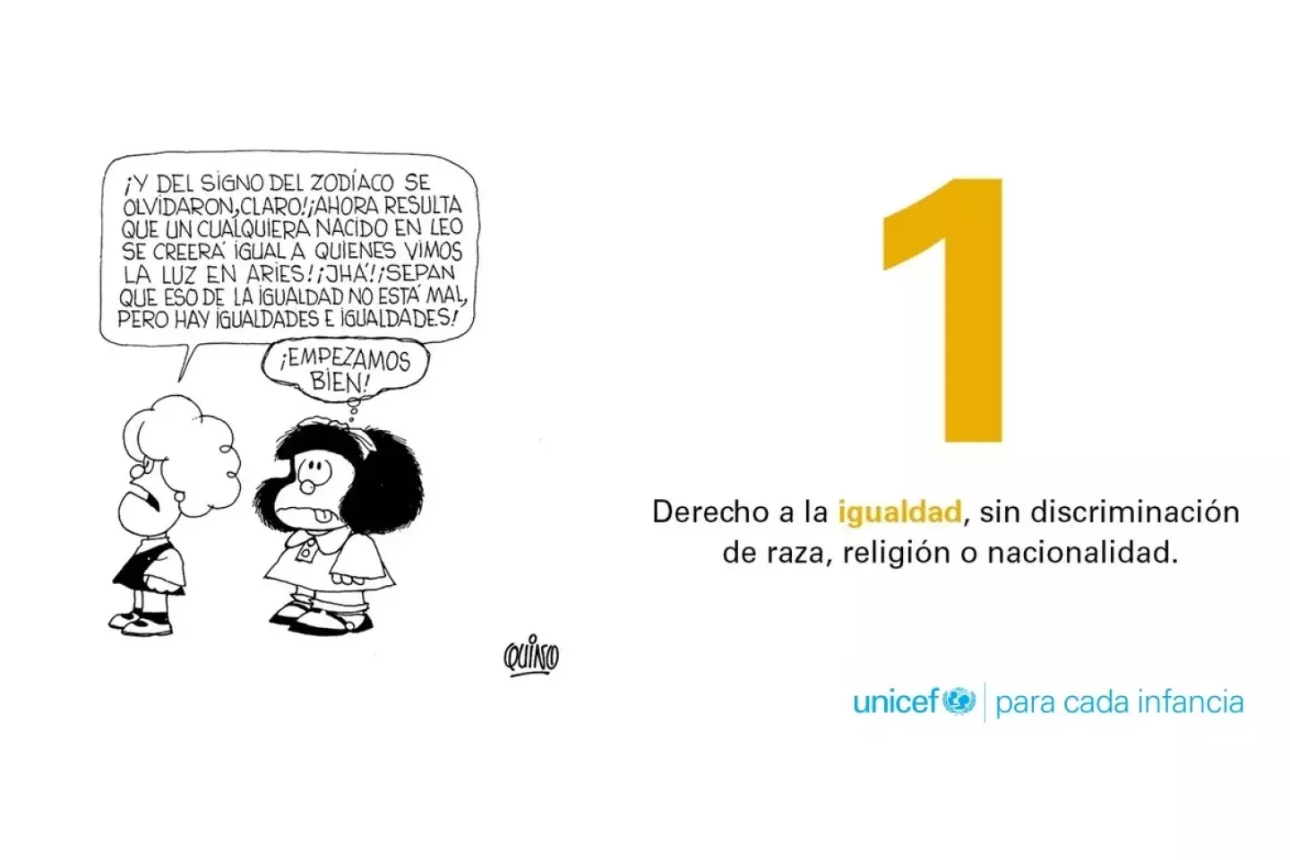 Ilustraci&oacute;n de Mafalda, por Quino, sobre derechos del ni&ntilde;o, con logo UNICEF incluido
