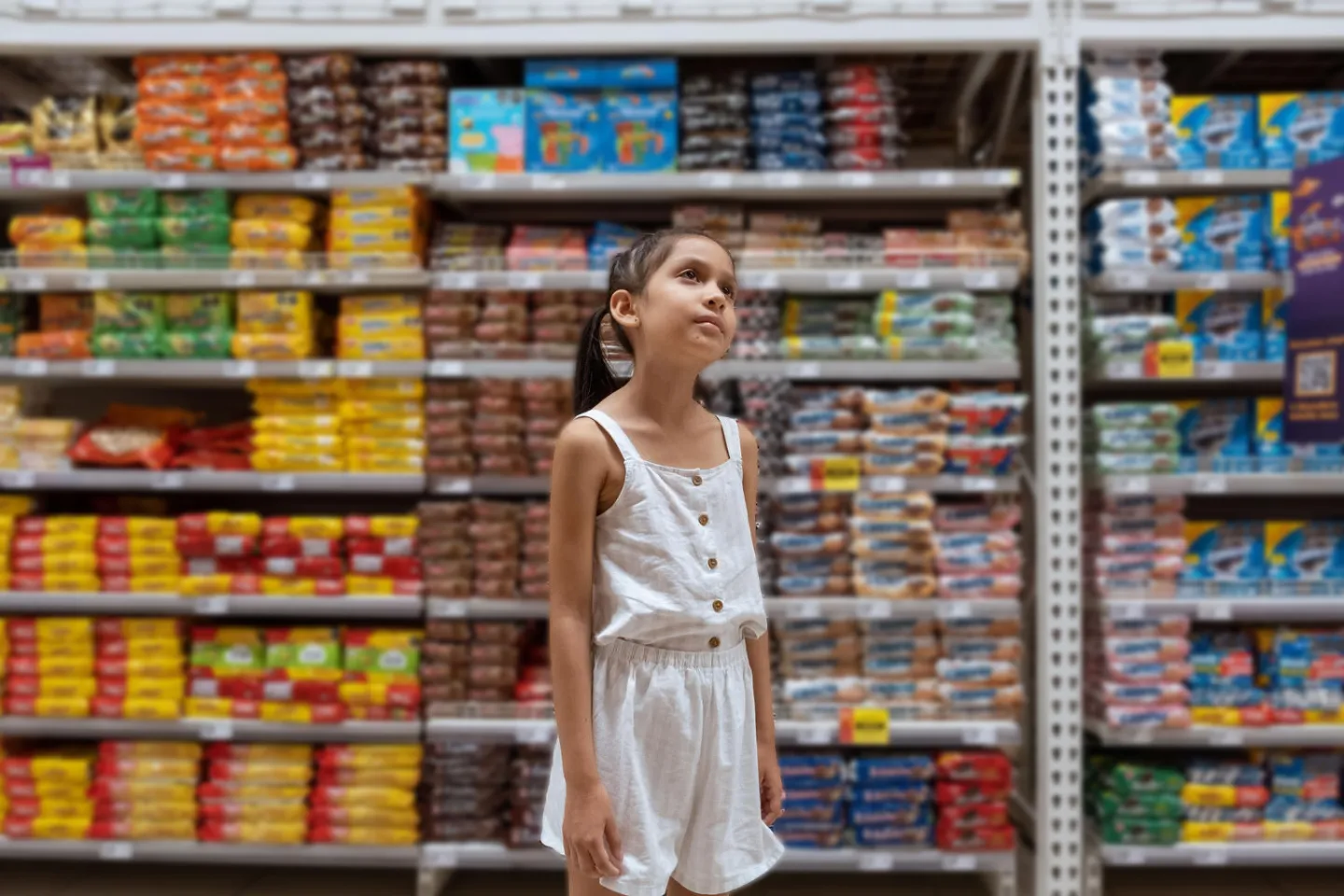 Ni&ntilde;a que est&aacute; parada en medio de estanter&iacute;as de comida chatarra