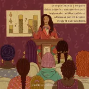 Ilustracion de una mujerde pie junto a un podio explicando una grafica de barras proyectada detras de ella