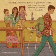 Ilustraci&oacute;n de una adolescente cargando a un beb&eacute; en una cocina mientras un hombre sale de casa con una mochila