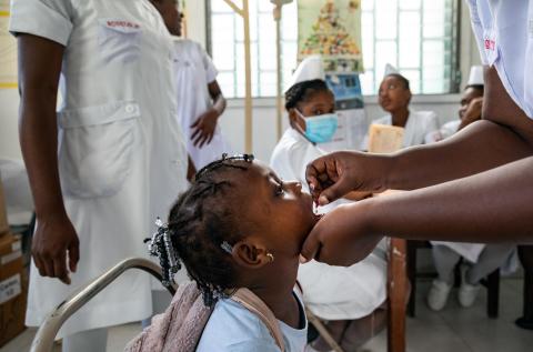 On 21 July 2022, Maila Rene, 4, receives a dose of Vitamin A at Hopital Immaculée Conception in Les Cayes, Departement du Sud, Haiti. 